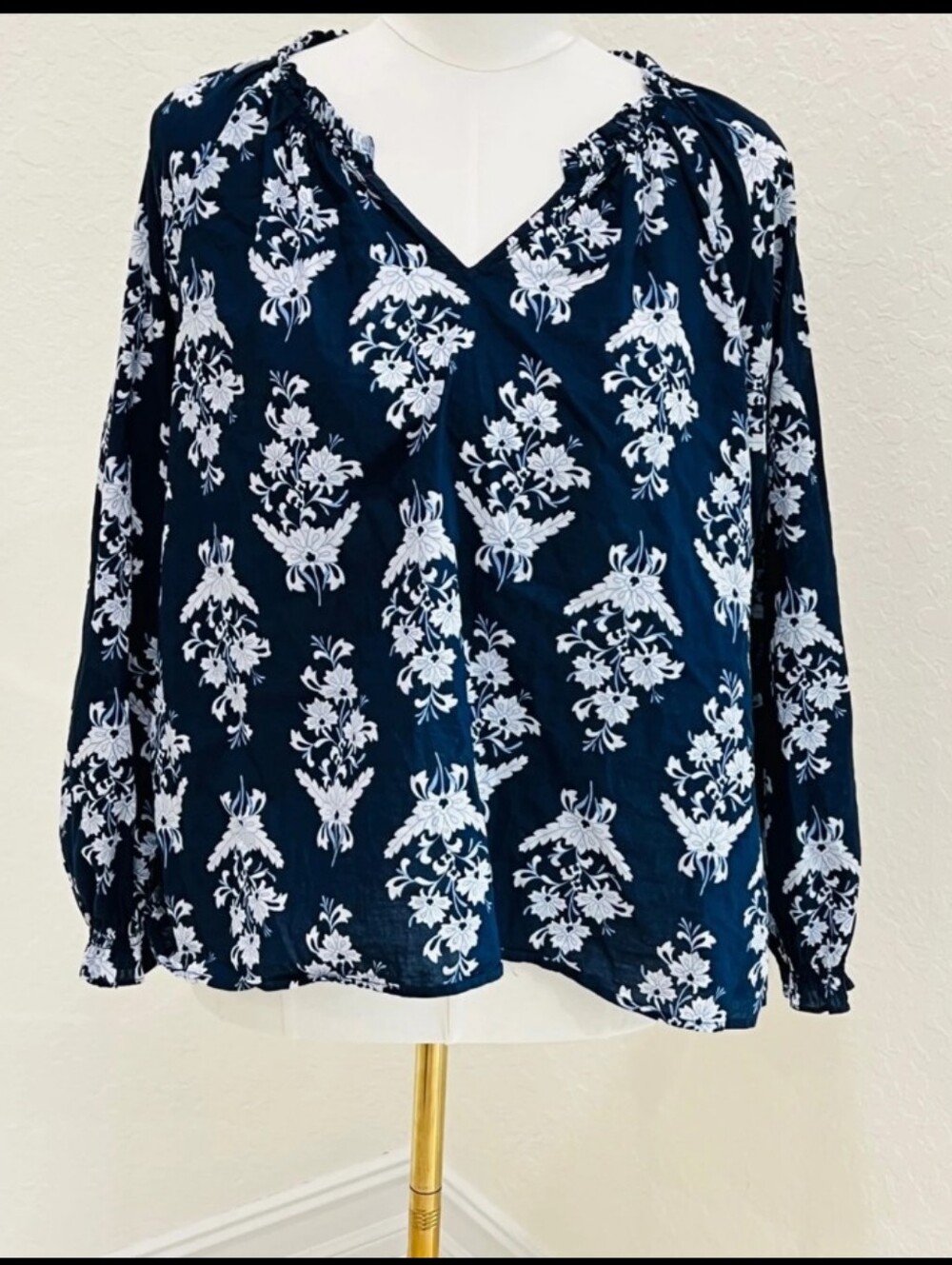 J. Crew Navy Blouse with White Floral Print